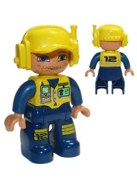 LEGO Duplo Figure Lego Ville, Male, Dark Blue Legs & Jumpsuit with Yellow Vest, Radio, ID Badge, Yellow Cap with Headset, Slight Smile minifigure