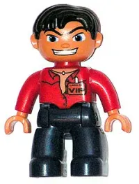 LEGO Duplo Figure Lego Ville, Male, Dark Blue Legs, Red Top with Open Collar, Black Hair, VIP Badge minifigure