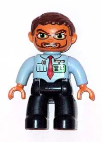 LEGO Duplo Figure Lego Ville, Male, Dark Blue Legs, Light Blue Top with Red Tie and ID Badge, Reddish Brown Hair, Beard, Glasses minifigure
