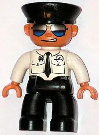 LEGO Duplo Figure Lego Ville, Male Pilot, Black Legs, White Top with Airplane Logo and Black Tie, Police Hat, Sunglasses minifigure
