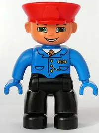 LEGO Duplo Figure Lego Ville, Male Train Conductor, Black Legs, Blue Jacket with Tie, Blue Hands, Red Hat, Smile with Teeth minifigure
