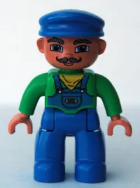 LEGO Duplo Figure Lego Ville, Male, Blue Legs, Green Top with Yellow Scarf, Blue Cap, Curly Moustache (Train Engineer) minifigure