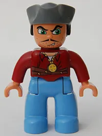 LEGO Duplo Figure Lego Ville, Male Pirate, Medium Blue Legs, Dark Red Top, Dark Bluish Gray Pirate Hat, Blue Eyes minifigure