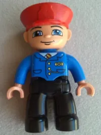LEGO Duplo Figure Lego Ville, Male Train Conductor, Red Hat, Smile with Closed Mouth, Blue Jacket with Yellow and Red Tie, Black Legs minifigure