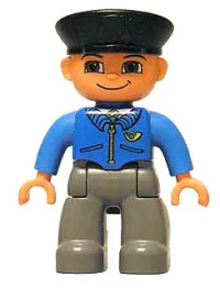 LEGO Duplo Figure Lego Ville, Male Post Office, Dark Bluish Gray Legs, Blue Jacket with Mail Horn, Black Police Hat minifigure