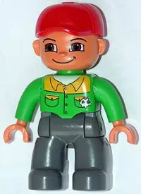 LEGO Duplo Figure Lego Ville, Male, Dark Bluish Gray Legs, Bright Green Button Down Shirt, Red Cap, Brown Eyes, Closed Mouth Smile (Mechanic) minifigure