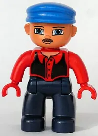 LEGO Duplo Figure Lego Ville, Male, Dark Blue Legs, Red Top with Black Vest, Red Hands, Blue Cap, Blue Eyes, Moustache minifigure