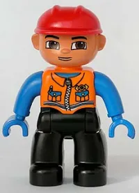 LEGO Duplo Figure Lego Ville, Male, Black Legs, Orange Vest with Two Pockets and Pen, Blue Hands, Red Construction Helmet (Train Engineer) minifigure