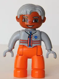 LEGO Duplo Figure Lego Ville, Male Medic, Orange Legs, Light Bluish Gray Top with Zipper and Stripes, Light Bluish Gray Hair, Light Bluish Gray Hands minifigure