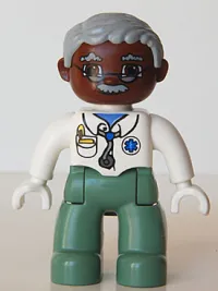 LEGO Duplo Figure Lego Ville, Male Medic, Sand Green Legs, White Top with Stethoscope, Light Bluish Gray Hair, Brown Head, Glasses, Moustache, White Hands minifigure