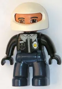 LEGO Duplo Figure Lego Ville, Male Police, Dark Blue Legs, Black Top with Badge, Black Arms and Hands, White Helmet minifigure