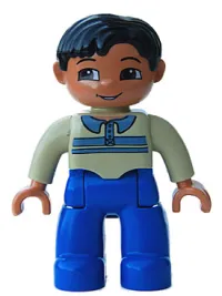 LEGO Duplo Figure Lego Ville, Male, Blue Legs, Tan Pullover with Buttons and Stripes, Black Hair, Brown Eyes, Nougat Hands minifigure