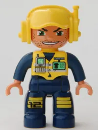 LEGO Duplo Figure Lego Ville, Male, Dark Blue Legs & Jumpsuit with Yellow Vest, Radio, ID Badge, Yellow Cap with Headset, Wide Smile minifigure