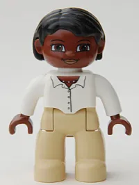 LEGO Duplo Figure Lego Ville, Female, Tan Legs, White Top with Buttons and Necklace, Black Hair, Brown Head minifigure