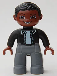 LEGO Duplo Figure Lego Ville, Male, Dark Bluish Gray Legs, Black Top with Buttons, Black Hair, Brown Head minifigure