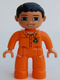 LEGO Duplo Figure Lego Ville, Male, Orange Legs, Nougat Hands, Orange Top with Recycle Logo, Black Hair, Blue Eyes minifigure