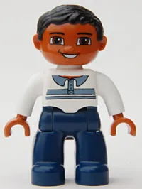 LEGO Duplo Figure Lego Ville, Male, Dark Blue Legs, White Top with Buttons and Stripes, Black Hair, Brown Eyes minifigure