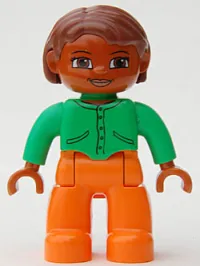 LEGO Duplo Figure Lego Ville, Female, Orange Legs, Bright Green Top with Buttons and Pockets, Reddish Brown Hair, Brown Eyes minifigure