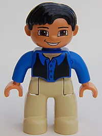 LEGO Duplo Figure Lego Ville, Male, Tan Legs, Blue Top, Black Vest, Black Hair minifigure