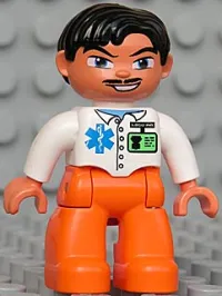 LEGO Duplo Figure Lego Ville, Male Medic, Orange Legs, White Top with ID Badge and EMT Star of Life Pattern, Black Hair, Blue Eyes, Moustache minifigure