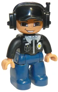 LEGO Duplo Figure Lego Ville, Male Police, Black Cap with Headset, Light Nougat Head and Hands, Black Shirt with Badge, Dark Blue Legs minifigure