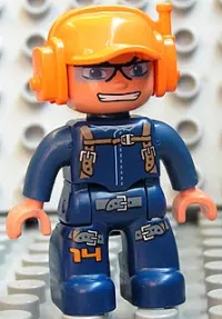 LEGO Duplo Figure Lego Ville, Male, Dark Blue Legs & Jumpsuit with Straps, Orange Cap with Headset minifigure