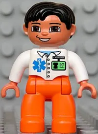 LEGO Duplo Figure Lego Ville, Male Medic, Orange Legs, White Top with ID Badge and EMT Star of Life Pattern, Black Hair, Brown Eyes minifigure