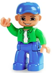 LEGO Duplo Figure Lego Ville, Male, Blue Legs, Bright Green Top with White Undershirt, Blue Cap minifigure