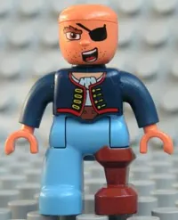 LEGO Duplo Figure Lego Ville, Male Pirate, Medium Blue Legs, Dark Blue Top with Buttons, Bald Head, Eye Patch, Peg Leg minifigure