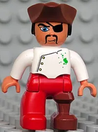 LEGO Duplo Figure Lego Ville, Male Pirate, Red Legs, White Top with Buttons and Green Spots, Reddish Brown Pirate Hat, Eye Patch, Peg Leg minifigure