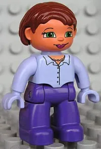 LEGO Duplo Figure Lego Ville, Female, Dark Purple Legs, Light Violet Button Top with Necklace, Light Violet Hands, Reddish Brown Hair, Green Eyes minifigure