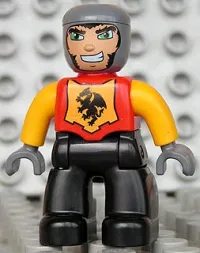 LEGO Duplo Figure Lego Ville, Male Castle, Black Legs, Red Chest, Bright Light Orange Arms, Dark Bluish Gray Hands, Wide Grin minifigure