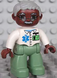 LEGO Duplo Figure Lego Ville, Male Medic, Sand Green Legs, White Top with Badge, Light Bluish Gray Hair, Brown Head, Glasses, Moustache minifigure