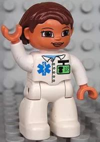 LEGO Duplo Figure Lego Ville, Female, Medic, White Legs, White Top with ID Badge and EMT Star of Life Pattern, Reddish Brown Hair, Brown Eyes minifigure