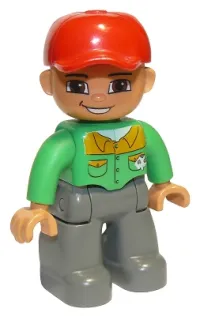 LEGO Duplo Figure Lego Ville, Male, Dark Bluish Gray Legs, Bright Green Button Down Shirt, Red Cap, Brown Eyes, Open Mouth Smile (Mechanic) minifigure