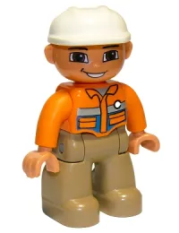LEGO Duplo Figure Lego Ville, Male, Dark Tan Legs, Orange Shirt, Brown Eyes, White Construction Helmet, White Button minifigure