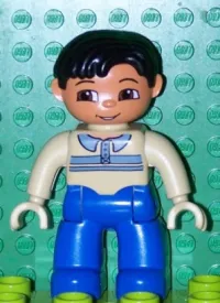 LEGO Duplo Figure Lego Ville, Male, Blue Legs, Tan Pullover with Buttons and Stripes, Black Hair, Brown Eyes, Tan Hands minifigure