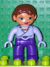 LEGO Duplo Figure Lego Ville, Female, Dark Purple Legs, Light Violet Wrap Top with Necklace, Light Violet Hands, Reddish Brown Hair, Green Eyes minifigure