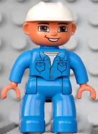LEGO Duplo Figure Lego Ville, Male, Blue Legs, Blue Top with Pockets, White Construction Helmet, Brown Eyes and Open Mouth Smile minifigure