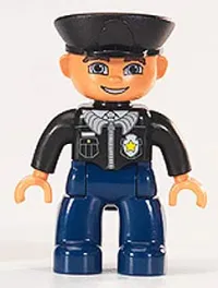 LEGO Duplo Figure Lego Ville, Male Police, Dark Blue Legs, Black Top with Badge, Black Arms, Black Hat, Blue Eyes minifigure