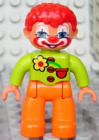 LEGO Duplo Figure Lego Ville, Male Clown, Orange Legs, Lime Top with Three Buttons and Flower, Red Hair, Blue Eyes minifigure