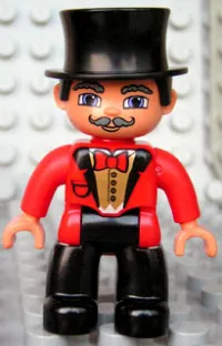 LEGO Duplo Figure Lego Ville, Male Circus Ringmaster, Black Legs, Red Top with Bow Tie, Top Hat, Blue Eyes minifigure