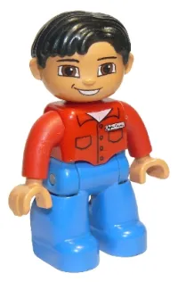 LEGO Duplo Figure Lego Ville, Male, Blue Legs, Red Shirt with Pockets and Name Tag, Black Hair, Brown Eyes, Nougat Hands minifigure