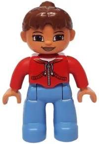 LEGO Duplo Figure Lego Ville, Female, Medium Blue Legs, Red Jacket with Black Zipper and Pockets, Reddish Brown Ponytail Hair minifigure