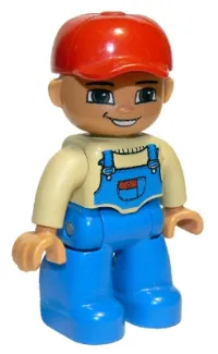 LEGO Duplo Figure Lego Ville, Male, Blue Legs, Tan Top with Blue Overalls, Red Baseball Cap minifigure