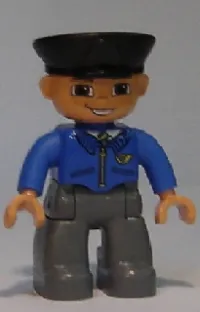 LEGO Duplo Figure Lego Ville, Male Post Office, Dark Bluish Gray Legs, Blue Jacket with Mail Horn, Black Police Hat, Smile with Teeth minifigure