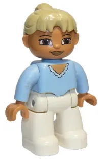 LEGO Duplo Figure Lego Ville, Female, White Legs, Bright Light Blue Top, Tan Ponytail Hair, Brown Eyes minifigure