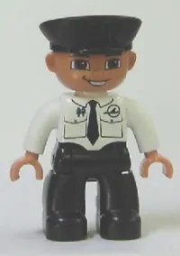 LEGO Duplo Figure Lego Ville, Male Pilot, Black Legs, White Top with Airplane Logo and Black Tie, Police Hat minifigure