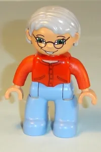 LEGO Duplo Figure Lego Ville, Female, Medium Blue Legs, Red Sweater, Very Light Gray Hair, Blue Eyes, Glasses minifigure