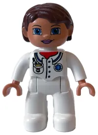LEGO Duplo Figure Lego Ville, Female, Medic, White Legs, White Top with Pocket and EMT Star of Life Pattern, Reddish Brown Hair, Blue Eyes minifigure